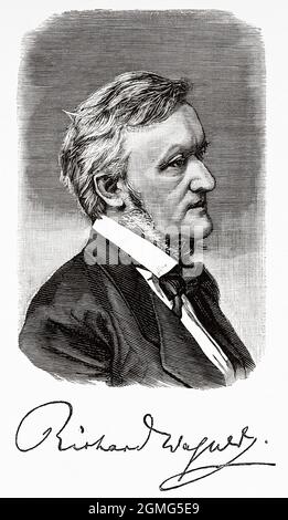 Portrait of Wilhelm Richard Wagner (1813-1883) was a German composer, theatre director, polemicist, and conductor who is chiefly known for his operas. Old 19th century engraved illustration from La Ilustración Artística 1882 Stock Photo