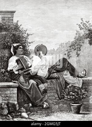 The women cigar makers, young women playing the tambourine and accordion, painting by Nino Costa. Giovanni Costa (1826-1903) was an Italian landscape painter and patriotic revolutionary. Old 19th century engraved illustration from La Ilustración Artística 1882 Stock Photo