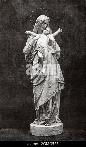 Sculpture of the Virgin and Child by Paul Gustave Doré (1832-1883) was a French Alsatian artist, painter, sculptor, and illustrator. Old 19th century engraved illustration from La Ilustración Artística 1882 Stock Photo