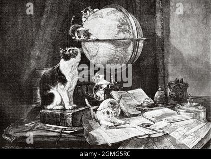 Around the world, cats playing with a world ball, painting by Henriette Ronner Knip (1821-1909) was a Dutch-Belgian painter of the Romantic style known primarily for her paintings of animals and, in particular, of cats. Old 19th century engraved illustration from La Ilustración Artística 1882 Stock Photo