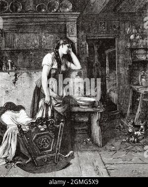 The empty crib. A young woman mourns the loss of her newborn child, painting by Bohm. Adolf Michael Boehm (1861-1927) was an Austrian painter and graphic artist. Old 19th century engraved illustration from La Ilustración Artística 1882 Stock Photo