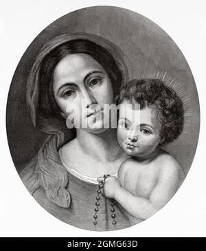The Virgin Mary with the infant Jesus on her lap, painting by Bartolomé Esteban Murillo (1618-1682) was a Spanish Baroque painter. Old 19th century engraved illustration from La Ilustración Artística 1882 Stock Photo