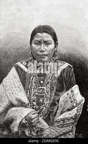 American Indian Native redskin woman at Jardin d'Acclimatation in Paris, France. Europe. Old 19th century engraved illustration from La Nature 1883 Stock Photo