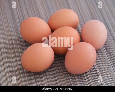 Hard boiled eggs on a mat. Close up. Stock Photo