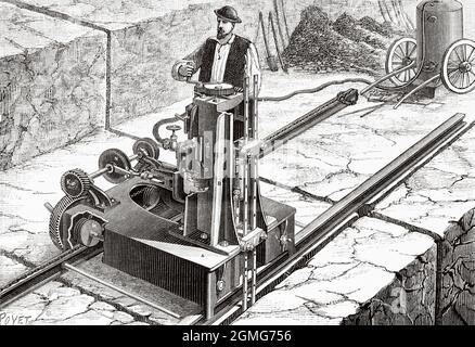 M Rapp rock slicing machine. Old 19th century engraved illustration from La Nature 1883 Stock Photo