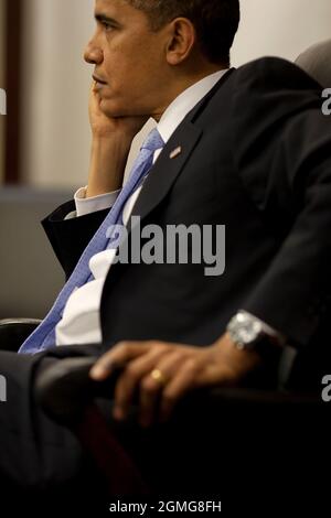 President Barack Obama attends a Strategic Arms Reduction Treaty (START) meeting in the Situation Room of the White House, Dec. 11, 2009.  (Official White House Photo by Pete Souza ) This official White House photograph is being made available only for publication by news organizations and/or for personal use printing by the subject(s) of the photograph. The photograph may not be manipulated in any way and may not be used in commercial or political materials, advertisements, emails, products, promotions that in any way suggests approval or endorsement of the President, the First Family, or the Stock Photo