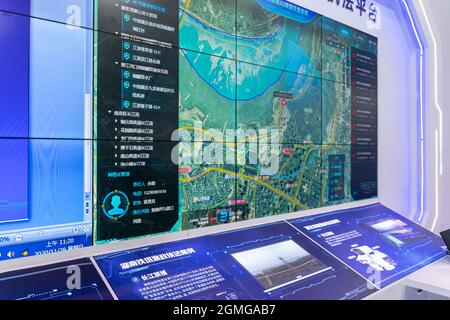 CHONGQING, CHINA - Nov 29, 2020: A shot of a visualized city information and data displayed on a large LED screen Stock Photo