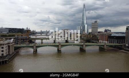 View of bridges over River Thames London  August 2021 drone shot Stock Photo