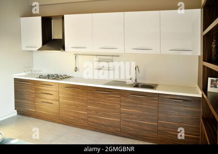 Modern white Kitchen Counter and Kitchen Equipment in Luxurious Apartment.  small kitchen counter ideas in the residential Stock Photo - Alamy