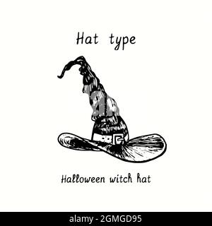 Hat type, Halloween witch hat. Ink black and white drawing outline illustration Stock Photo