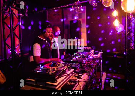 Manchester, UK. 18th Sep, 2021. Space Afrika take to the decks during the Repercussion Festival.ÊThe new day and night event sees the further regeneration of Mayfield that is host to over five stages, including the legendary Star & Garter pub. Credit: Andy Barton/Alamy Live News Stock Photo