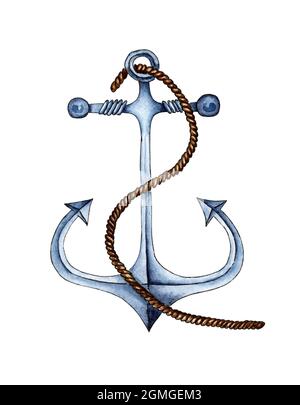 Watercolor illustration of a vintage nautical anchor with a rope. Item for keeping the ship in one place. Isolated on white background. Drawn by hand. Stock Photo