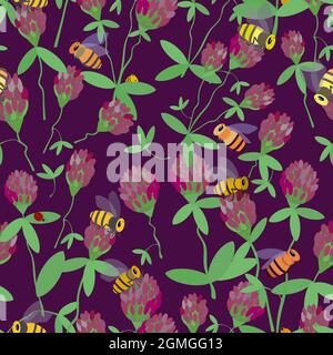 seamless pattern blooming clover and bees Stock Vector