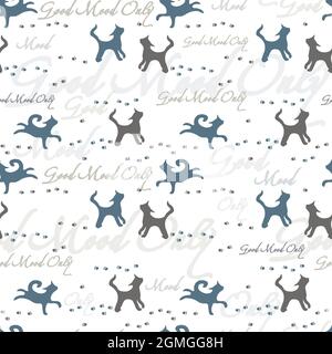 Inscriptions Good Mood Only and funny cats seamless pattern Stock Vector