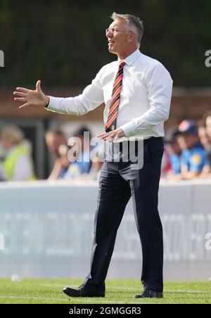 High Wycombe, UK. 18th Sep, 2021. Charlton Athletic manager Nigel Adkins during the Sky Bet League 1 match between Wycombe Wanderers and Charlton Athletic at Adams Park, High Wycombe, England on 18 September 2021. Photo by Andy Rowland. Credit: PRiME Media Images/Alamy Live News Stock Photo