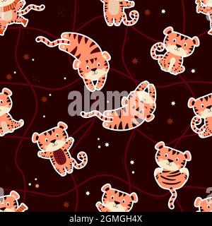 Seamless pattern with cute tigers. The striped animal sits, sleeps on a burgundy background with an abstract mesh pattern and stars. Vector Stock Vector