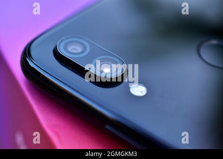 Close up of mobile phone camera, dual lens camera with flash Stock Photo