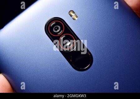 Dual Camera Smartphone with Flash and Fingerprint Scanner Stock Photo