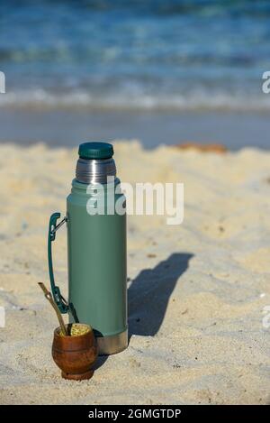 Typical Mate Infusion Argentina, Uruguayan, Paraguayan and Brazilian on the Beach in 2021. Stock Photo