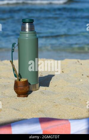 Typical Mate Infusion Argentina, Uruguayan, Paraguayan and Brazilian on the Beach in 2021. Stock Photo