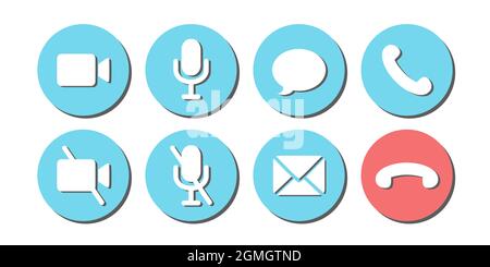 Virtual hangouts icons for conference call. Shadowed on and off video, sound, message, mail and call icons isolated on white background. Flat vector Stock Vector