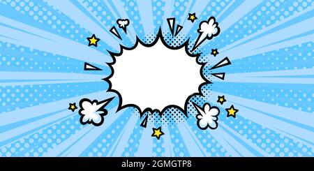 Surprising boom cloud with lightnings in blue halftone background for sales and promotions. Banner template for surprises and bursting events. Vector Stock Vector