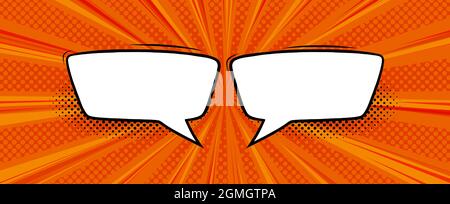 Speech bubbles in orange halftone background. Promotion banner template with speech bubbles in vintage style. Vector illustration Stock Vector