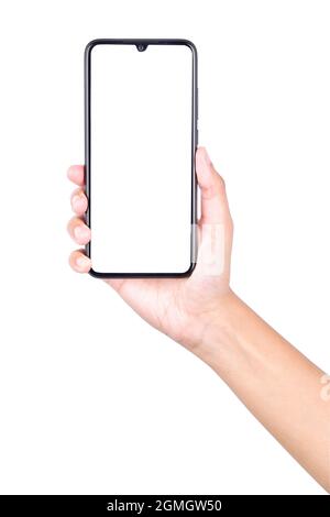 blank screen smartphone in woman's hand isolated on white background, bezel less mobile phone over white background Stock Photo