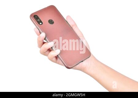 Hand Holding Smartphone Showing Back View of Smartphone Stock Photo