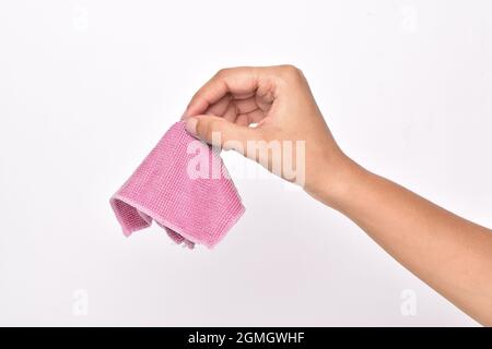 Microfiber Cloth in Hand Isolated on White Background Stock Photo