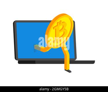 Bitcoin run away Laptop. Concept of making money on Internet using cryptocurrency. Cryptocurrency is running towards you Stock Vector