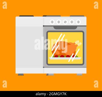 Turkey in kitchen oven. Preparing family Thanksgiving dinner. Festive traditional food Stock Vector
