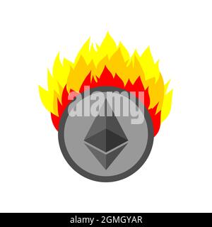 Ethereum burning coins. Burning tokens. Cryptocurrency on fire. Stock Vector
