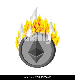 Ethereum burning coins. Burning tokens. Cryptocurrency on fire. Stock Vector