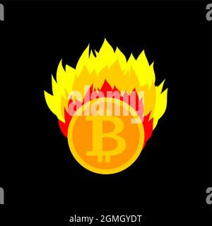 Bitcoin burning coins. Burning tokens. Cryptocurrency on fire. Stock Vector