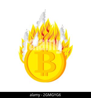 Bitcoin burning coins. Burning tokens. Cryptocurrency on fire. Stock Vector