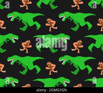Dinosaur and prehistoric man pattern seamless. T-rex and ancient man background Stock Vector