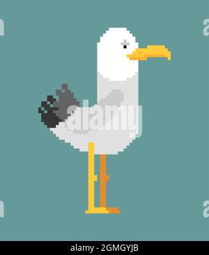 Gull pixel art. seagull 8 bit. Sea bird pixelated vector illustration. Stock Vector