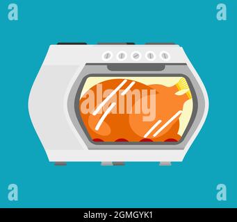 Turkey in kitchen oven. Preparing family Thanksgiving dinner. Festive traditional food Stock Vector