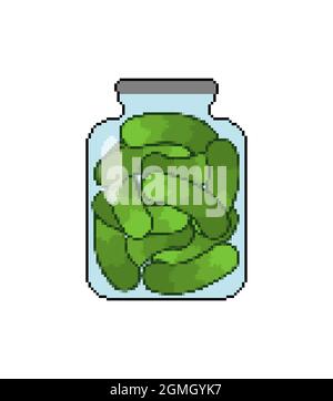Pickled cucumbers in jar pixel art. 8 bit illustration Stock Vector