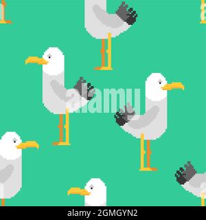 Gull pixel art pattern seamless. seagull 8 bit background. Sea bird pixelated texture Stock Vector