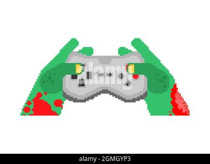 Zombie hands and joystick pixel art. 8 bit Zombie plays on gamepad. Stock Vector
