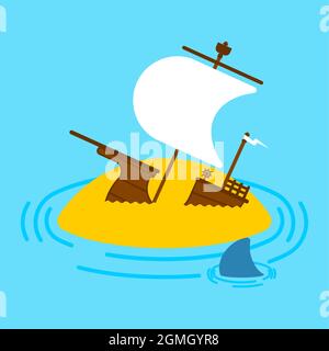 Sunken ship on island. Shipwreck vector illustration Stock Vector