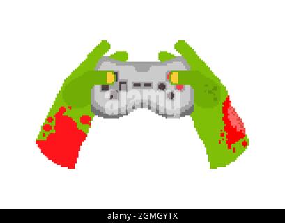 Zombie hands and joystick pixel art. 8 bit Zombie plays on gamepad. Stock Vector