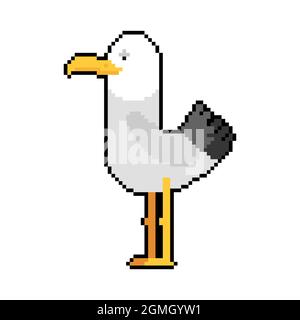 Gull pixel art. seagull 8 bit. Sea bird pixelated vector illustration. Stock Vector
