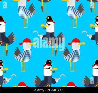Seagull pirate pattern seamless. Gull in pirate clothes background. vector illustration For holiday International Talk Like a Pirate Day Stock Vector