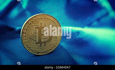 Bitcoin BTC Bit Coin close up of Bitcoin coins isolated on black background Blockchain technology, Stock Photo
