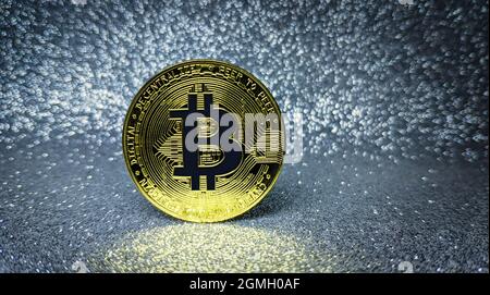 Bitcoin BTC Bit Coin close up of Bitcoin coins isolated on black background Blockchain technology, Stock Photo