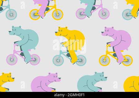 Bear on bicycle pattern seamless. Beast is riding bicycle background. Baby fabric texture. Cartoon childrens ornament Stock Vector