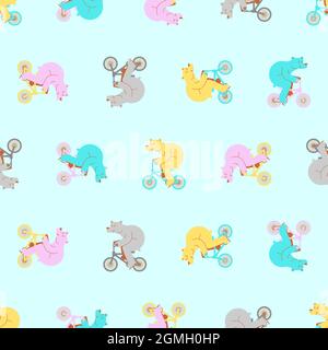 Bear on bicycle pattern seamless. Beast is riding bicycle background. Baby fabric texture. Cartoon childrens ornament Stock Vector